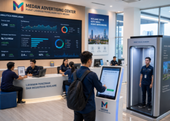Dashboard interaktif Digitalisasi Izin Reklame Medan yang menampilkan sistem pemantauan data periklanan real-time untuk mendukung efisiensi visual kota Medan.