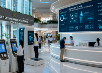 Dashboard interaktif Digitalisasi Layanan Kesehatan Medan yang menampilkan sistem pemantauan data medis real-time untuk mendukung efisiensi kesehatan kota Medan.