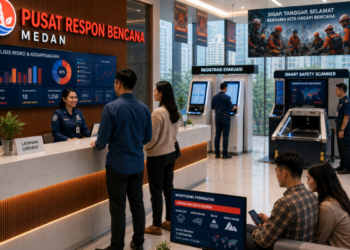 Dashboard interaktif Digitalisasi Mitigasi Bencana Medan yang menampilkan sistem pemantauan data risiko real-time untuk mendukung efisiensi keamanan kota Medan.