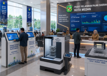 Dashboard interaktif Digitalisasi Pajak Daerah Medan yang menampilkan sistem pemantauan data keuangan real-time untuk mendukung efisiensi fiskal kota Medan.
