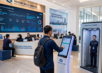 Dashboard interaktif Digitalisasi Pelatihan Kerja Medan yang menampilkan sistem pemantauan data kompetensi real-time untuk mendukung efisiensi ketenagakerjaan kota Medan.