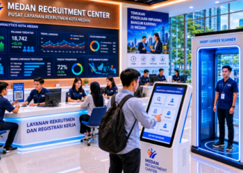 Dashboard interaktif Digitalisasi Penempatan Kerja Medan yang menampilkan sistem pemantauan data karir real-time untuk mendukung efisiensi ketenagakerjaan kota Medan.