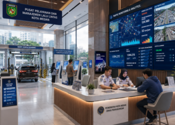 Dashboard interaktif Digitalisasi Pengaturan Lalu Lintas Medan yang menampilkan sistem pemantauan data transportasi real-time untuk mendukung efisiensi jalan kota Medan.