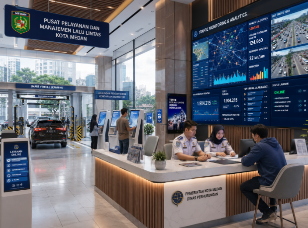 Dashboard interaktif Digitalisasi Pengaturan Lalu Lintas Medan yang menampilkan sistem pemantauan data transportasi real-time untuk mendukung efisiensi jalan kota Medan.