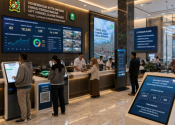 Dashboard interaktif Digitalisasi Pengelolaan Pasar Medan yang menampilkan sistem pemantauan data niaga real-time untuk mendukung efisiensi perdagangan kota Medan.