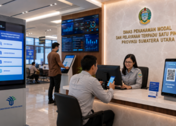 Dashboard interaktif Digitalisasi Perizinan Terpadu Medan yang menampilkan proses verifikasi izin usaha secara digital untuk mempercepat layanan bagi masyarakat kota Medan.