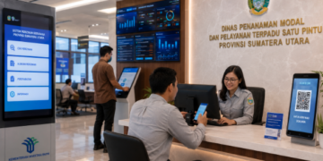 Dashboard interaktif Digitalisasi Perizinan Terpadu Medan yang menampilkan proses verifikasi izin usaha secara digital untuk mempercepat layanan bagi masyarakat kota Medan.