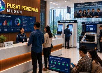 Dashboard interaktif Digitalisasi Perizinan Usaha Medan yang menampilkan sistem pemantauan data izin real-time untuk mendukung efisiensi legalitas kota Medan.