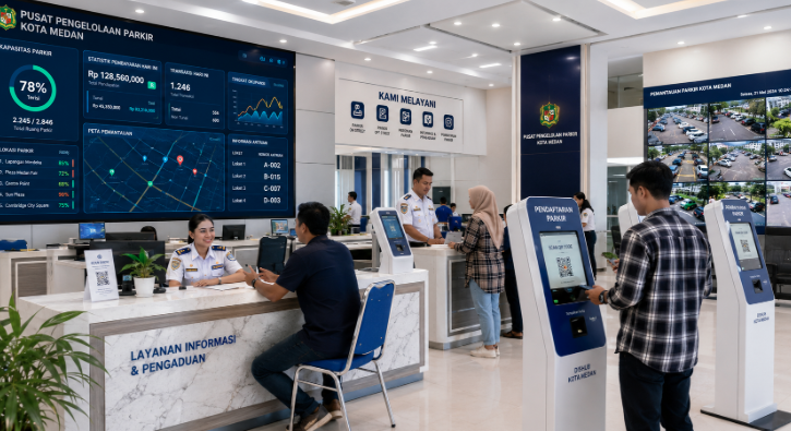 Dashboard interaktif Digitalisasi Perparkiran Umum Medan yang menampilkan sistem pemantauan data parkir real-time untuk mendukung efisiensi lahan kota Medan.