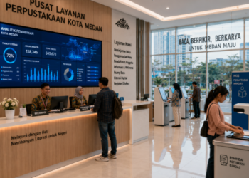 Dashboard interaktif Digitalisasi Perpustakaan Daerah Medan yang menampilkan sistem pemantauan data referensi real-time untuk mendukung efisiensi literasi kota Medan.