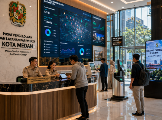 Dashboard interaktif Digitalisasi Promosi Wisata Medan yang menampilkan sistem pemantauan data destinasi real-time untuk mendukung efisiensi pariwisata kota Medan.