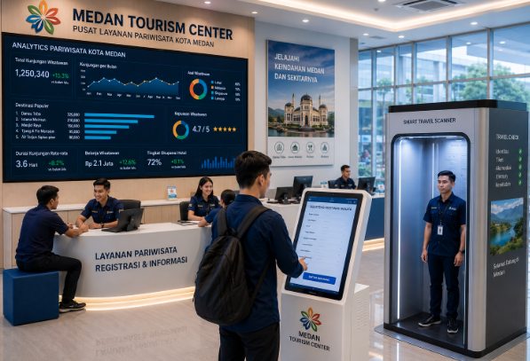 Dashboard interaktif Digitalisasi Wisata Halal Medan yang menampilkan sistem pemantauan data kunjungan real-time untuk mendukung efisiensi pariwisata kota Medan.