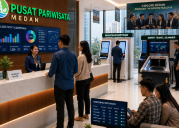 Dashboard interaktif Digitalisasi Wisata Medan yang menampilkan sistem pemantauan data kunjungan real-time untuk mendukung efisiensi pariwisata kota Medan.