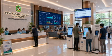 Dashboard interaktif Fasilitas Medis Medan yang menampilkan sistem antrean faskes real-time untuk mendukung efisiensi akses medis warga kota Medan.