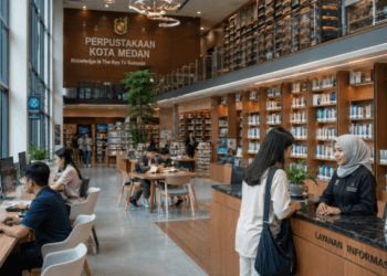 Optimalisasi fungsi Fasilitas Perpustakaan Medan melalui penyediaan sistem layanan pustaka terpadu guna meningkatkan minat baca warga di lingkungan pemerintah kota pimpinan.