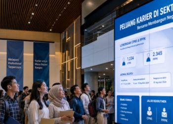 Foto sekelompok pemuda lulusan sekolah menengah yang antusias menatap layar digital berisi lowongan pekerjaan aparatur pemerintah di dalam aula modern,