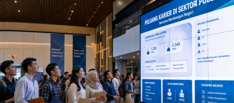 Foto sekelompok pemuda lulusan sekolah menengah yang antusias menatap layar digital berisi lowongan pekerjaan aparatur pemerintah di dalam aula modern,