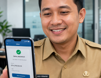 Ilustrasi ASN yang menerima notifikasi pencairan Gaji ke-13 ASN 2026 melalui aplikasi perbankan.