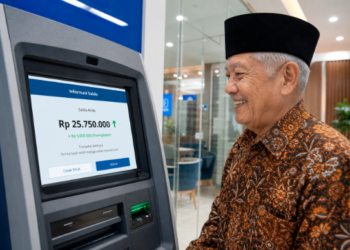 Ilustrasi kegembiraan pensiunan saat menerima tunjangan Gaji ke-13 Pensiunan 2026 melalui rekening bank.