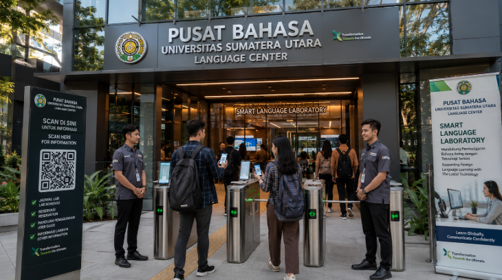 Optimalisasi fungsi Gedung Laboratorium Bahasa Medan melalui penyediaan sistem pembayaran pendaftaran e-registrasi maba elektronik guna meningkatkan efisiensi tata kelola penyediaan sarana unit layanan praktikum bahasa mahasiswa di kawasan lingkungan perguruan tinggi pimpinan.