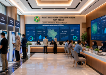 Dashboard interaktif Izin Keamanan Pangan Medan yang menampilkan sistem pemantauan data mutu real-time untuk mendukung efisiensi konsumsi kota Medan