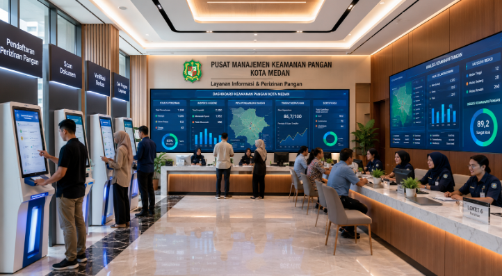 Dashboard interaktif Izin Keamanan Pangan Medan yang menampilkan sistem pemantauan data mutu real-time untuk mendukung efisiensi konsumsi kota Medan