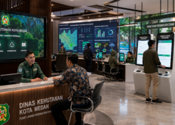 Dashboard interaktif Izin Kehutanan Medan yang menampilkan sistem pemantauan data lahan real-time untuk mendukung efisiensi konservasi kota Medan