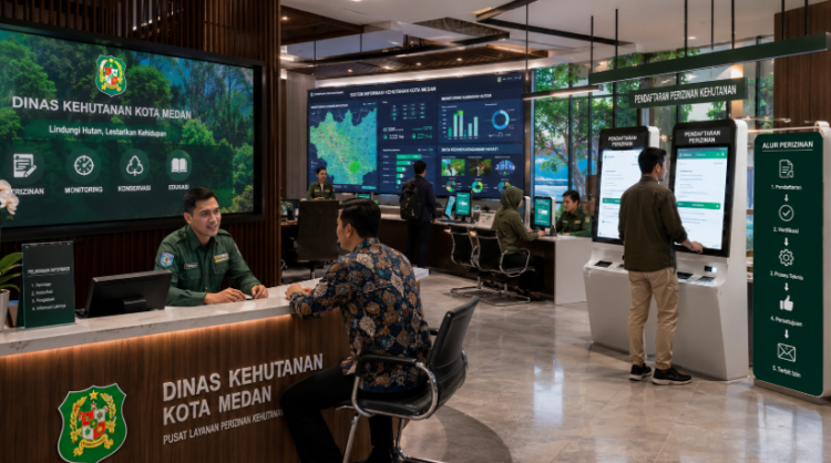 Dashboard interaktif Izin Kehutanan Medan yang menampilkan sistem pemantauan data lahan real-time untuk mendukung efisiensi konservasi kota Medan