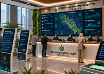 Dashboard interaktif Izin Kelola Ekosistem Medan yang menampilkan sistem pemantauan data lingkungan real-time untuk mendukung efisiensi kelestarian kota Medan