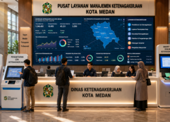 Dashboard interaktif Izin Kelola Perpustakaan Medan yang menampilkan sistem pemantauan data literasi real-time untuk mendukung efisiensi pustaka kota Medan