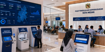 Dashboard interaktif Izin Kependudukan Medan yang menampilkan sistem pemantauan data identitas real-time untuk mendukung efisiensi administrasi kota Medan