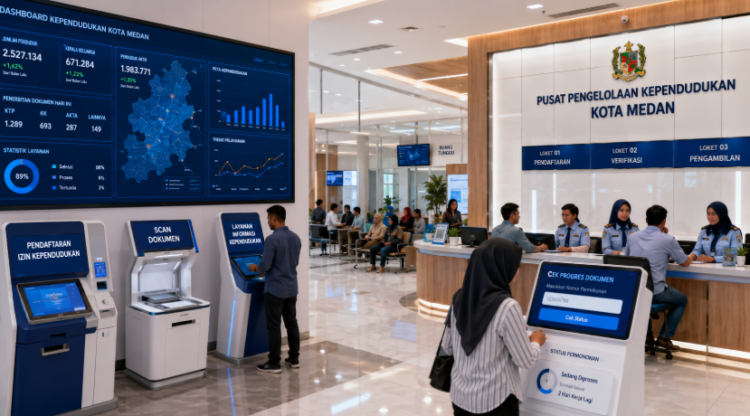 Dashboard interaktif Izin Kependudukan Medan yang menampilkan sistem pemantauan data identitas real-time untuk mendukung efisiensi administrasi kota Medan