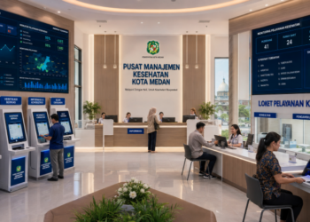 Dashboard interaktif Izin Kesehatan Medan yang menampilkan sistem pemantauan data medis real-time untuk mendukung efisiensi pelayanan kesehatan kota Medan