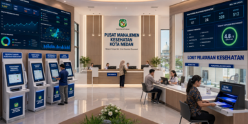 Dashboard interaktif Izin Kesehatan Medan yang menampilkan sistem pemantauan data medis real-time untuk mendukung efisiensi pelayanan kesehatan kota Medan