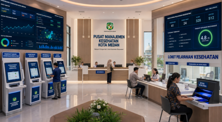 Dashboard interaktif Izin Kesehatan Medan yang menampilkan sistem pemantauan data medis real-time untuk mendukung efisiensi pelayanan kesehatan kota Medan
