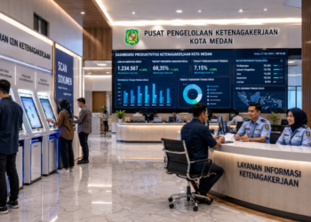 Dashboard interaktif Izin Ketenagakerjaan Medan yang menampilkan sistem pemantauan data produktivitas real-time untuk mendukung efisiensi tenaga kerja kota Medan