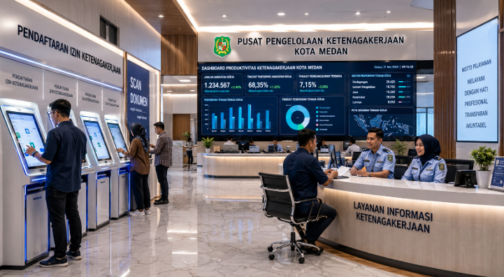 Dashboard interaktif Izin Ketenagakerjaan Medan yang menampilkan sistem pemantauan data produktivitas real-time untuk mendukung efisiensi tenaga kerja kota Medan
