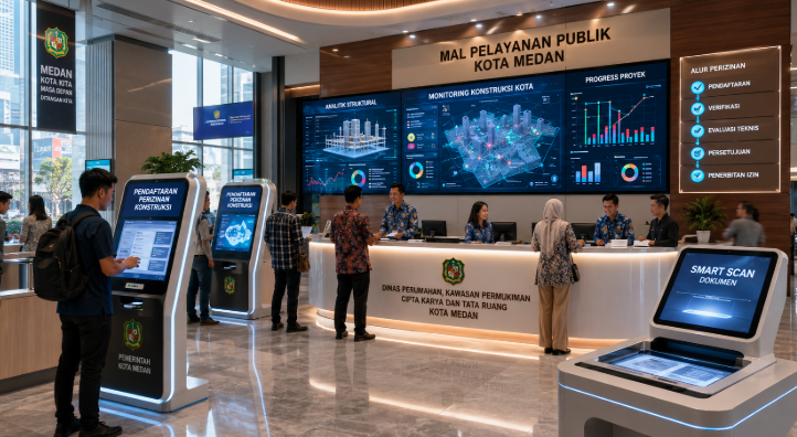 Dashboard interaktif Izin Konstruksi Medan yang menampilkan sistem pemantauan data bangunan real-time untuk mendukung efisiensi infrastruktur kota Medan