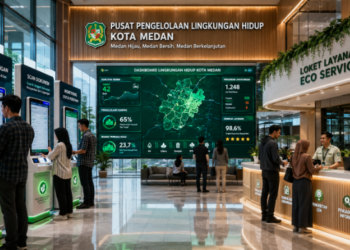 Dashboard interaktif Izin Lingkungan Hidup Medan yang menampilkan sistem pemantauan data ekosistem real-time untuk mendukung efisiensi kelestarian kota Medan