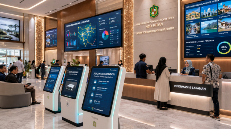 Dashboard interaktif Izin Pariwisata Medan yang menampilkan sistem pemantauan data destinasi real-time untuk mendukung efisiensi wisata kota Medan.