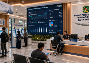 Dashboard interaktif Izin Perdagangan Medan yang menampilkan sistem pemantauan data niaga real-time untuk mendukung efisiensi komersial kota Medan