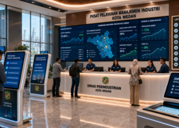 Dashboard interaktif Izin Perindustrian Medan yang menampilkan sistem pemantauan data produksi real-time untuk mendukung efisiensi industri kota Medan