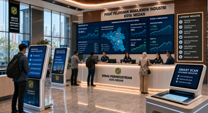 Dashboard interaktif Izin Perindustrian Medan yang menampilkan sistem pemantauan data produksi real-time untuk mendukung efisiensi industri kota Medan