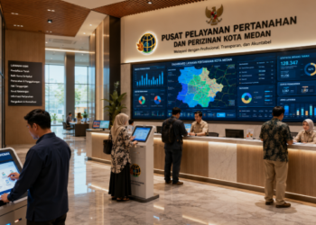Dashboard interaktif Izin Pertanahan Medan yang menampilkan sistem pemantauan data lahan real-time untuk mendukung efisiensi properti kota Medan