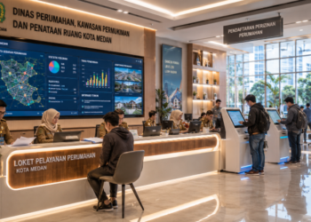 Dashboard interaktif Izin Perumahan Medan yang menampilkan sistem pemantauan data hunian real-time untuk mendukung efisiensi pemukiman kota Medan