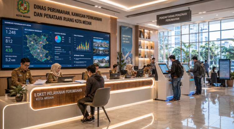 Dashboard interaktif Izin Perumahan Medan yang menampilkan sistem pemantauan data hunian real-time untuk mendukung efisiensi pemukiman kota Medan