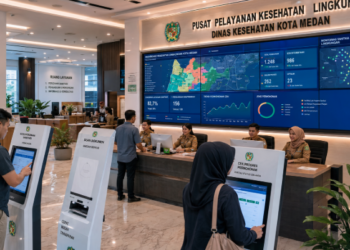Dashboard interaktif Izin Sanitasi Lingkungan Medan yang menampilkan sistem pemantauan data kesehatan real-time untuk mendukung efisiensi sanitasi kota Medan