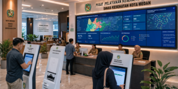Dashboard interaktif Izin Sanitasi Lingkungan Medan yang menampilkan sistem pemantauan data kesehatan real-time untuk mendukung efisiensi sanitasi kota Medan