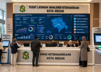 Dashboard interaktif Izin Tenaga Kerja Medan yang menampilkan sistem pemantauan data ketenagakerjaan real-time untuk mendukung efisiensi SDM kota Medan