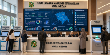Dashboard interaktif Izin Tenaga Kerja Medan yang menampilkan sistem pemantauan data ketenagakerjaan real-time untuk mendukung efisiensi SDM kota Medan